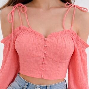 Lush Crop Top Womens Small Pink Cold Shoulder Tie Strap Smocked Boho Blouse EUC